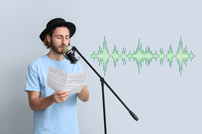 Man singing in microphone on grey background