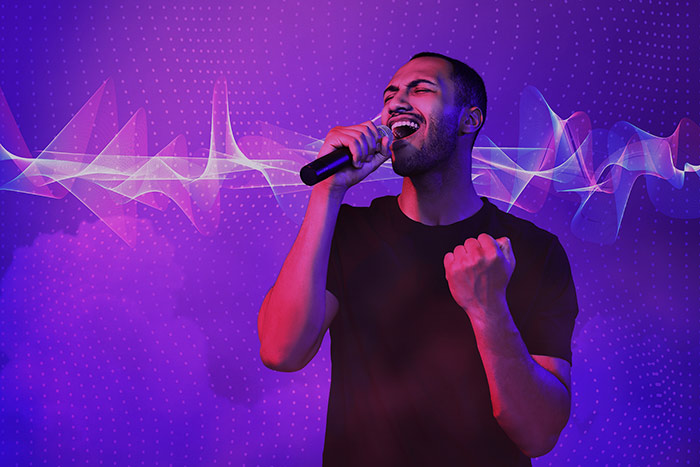 Man singing with sound wave background feat