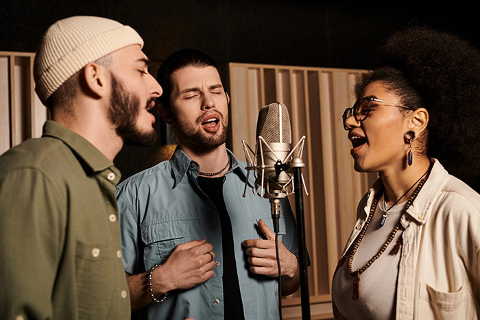 Three singers singing and harmonising