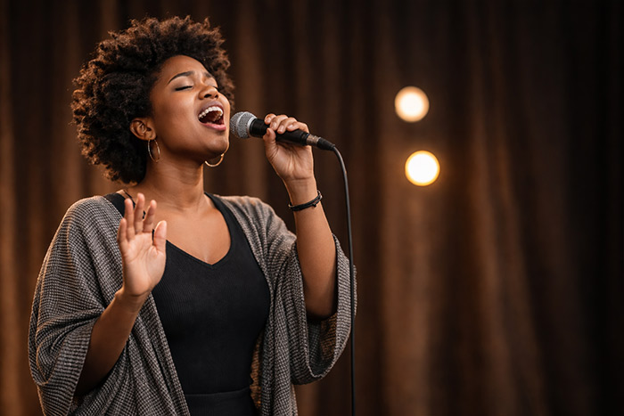 Woman singing high notes on stage